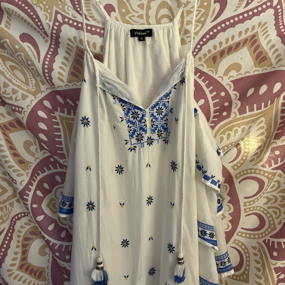 Tolani White and Blue Embroidered Dress